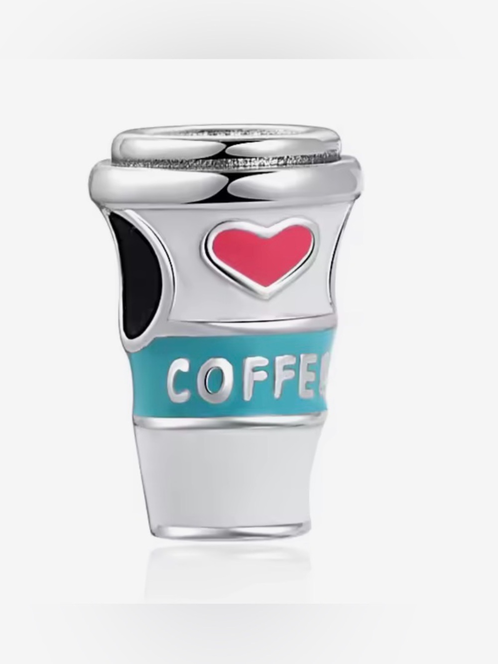 Silver Coffee Cup Charm with Pink Heart and Teal Band